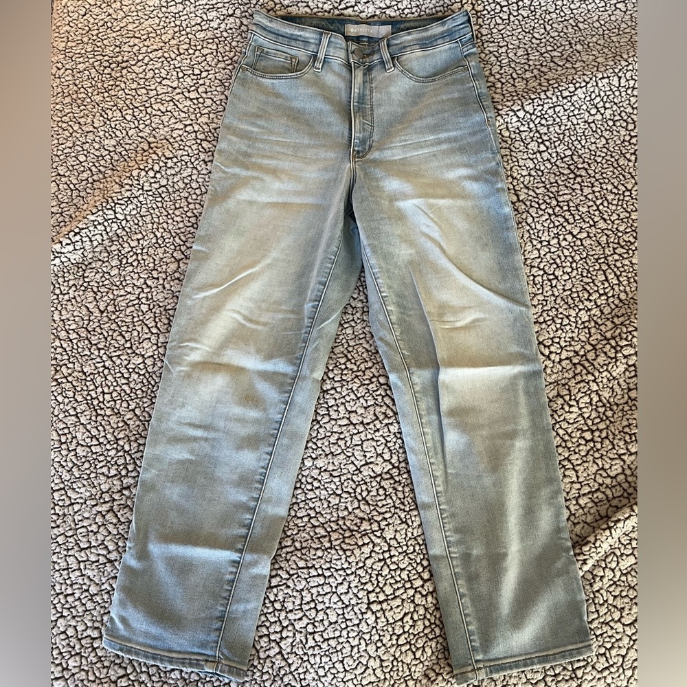 High waisted, light wash, straight leg jean